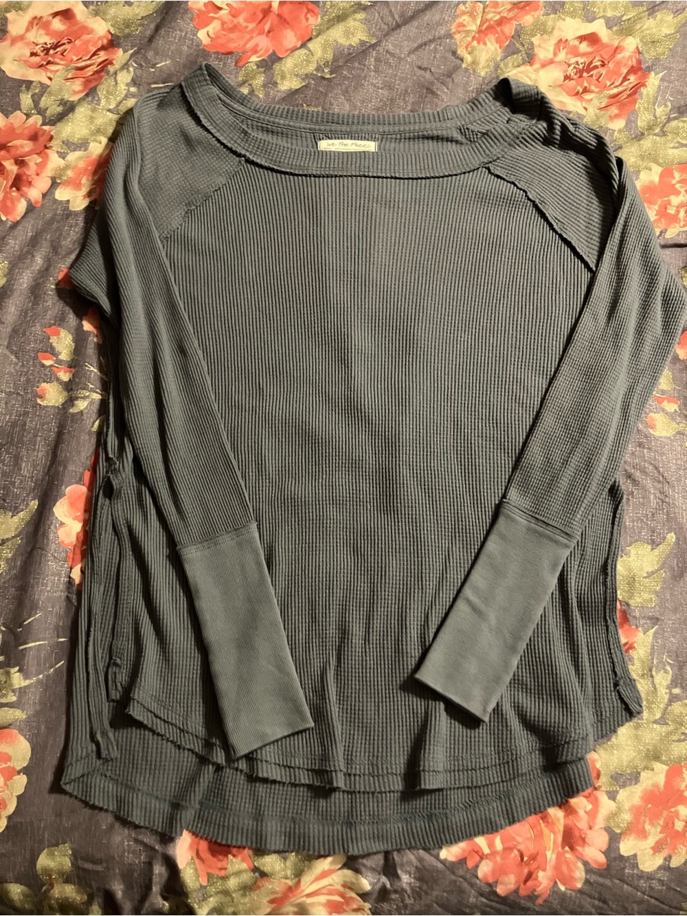 Free People We The Free Gray Waffle Long Sleeve Oversized Top